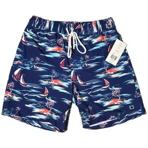 Men Crown & Ivy Swim Trunks SZ S Sailboat Island Print Blue Drawstring Short (W)